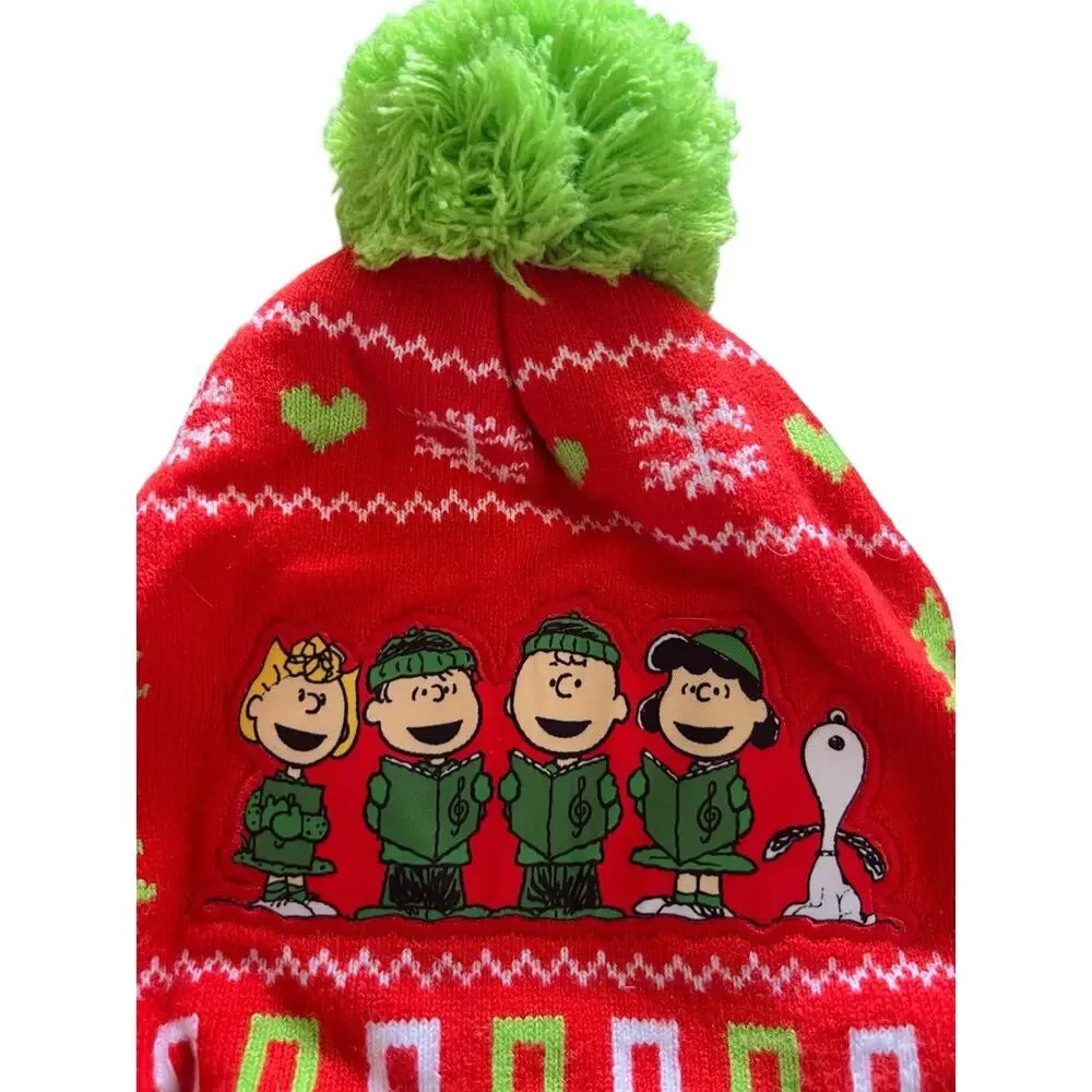 Peanuts caroling laplander hat green pom pom braided tassels NWOT
